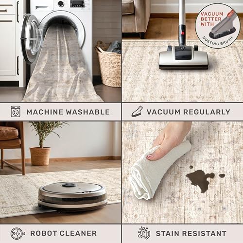 Farmhouse Bathroom Rug 2x3 Beige, Machine Washable Small Non Slip Indoor Entryway Area Rug, Low Pile Thin Neutral Vintage Design for Bedside, Kitchen - Image 3