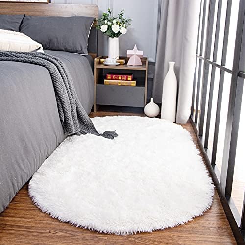 2.6x5.3 Cream White Fluffy Soft Oval Rug Non-Slip for Bedroom Dorm Hallway - Image 3