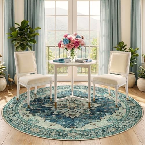 RELEANY Washable Area Rug, Round 6ft, Blue/Vintage Dark Blue - Image 2