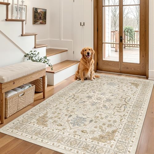 Madane Area Rug 3x5, Washable Vintage Entry Rugs for Bedroom, Beige/Blue - Image 2