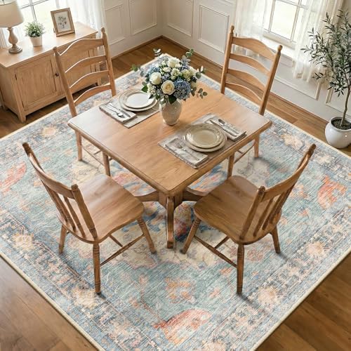 RELEANY Washable Area Rug, Square 7'x7', Blue/Orange/Red by RELEANY