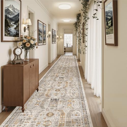 Madane Hallway Runner Rug 3x20 Washable Kitchen Runners 20ft, Brown/Gold by Madane
