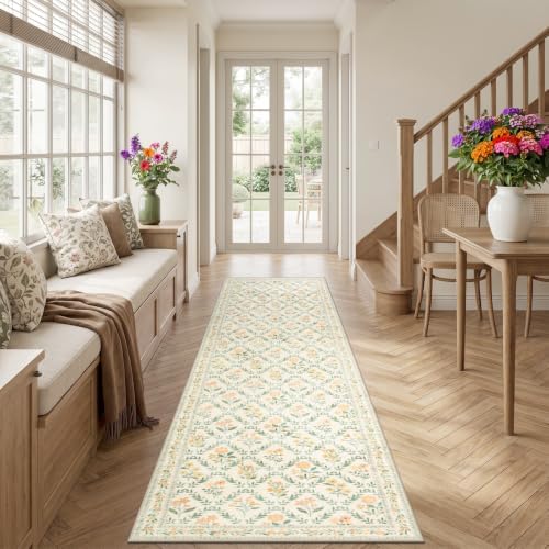PLHXFR 3x10 Washable Runner Rug：Floral Indoor Kitchen Carpet Beige Multi - Image 3