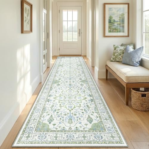 RELEANY Washable Area Rug, Runner 2'6"x8', Green/White/Blue by RELEANY