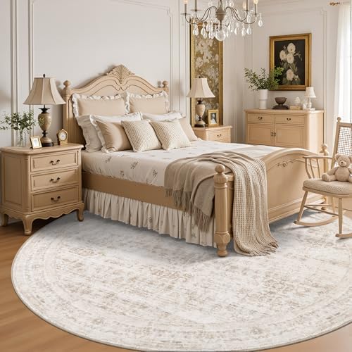Round Area Rug for Living Room: 8ft Boho Washable Rug Beige Brown - Image 4