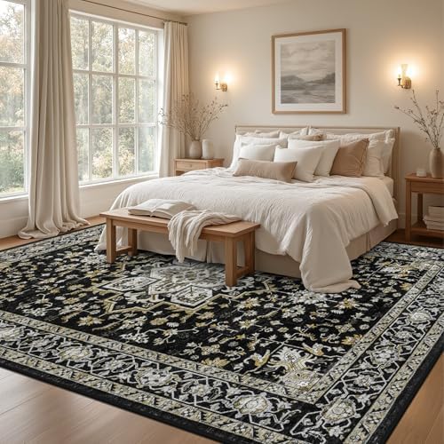 9x12 Area Rugs Living Room: Washable Rug for Bedroom Black Gold - Image 4
