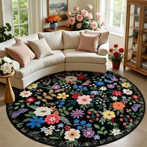 PLHXFR Round Area Rug Living Room: 8 ft Floral Washable Soft Carpet Black by PLHXFRSoftAreaRugs