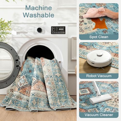 Lofus Living Room Rugs 5x7, Boho Terracotta and Blue Washable Carpet - Image 6