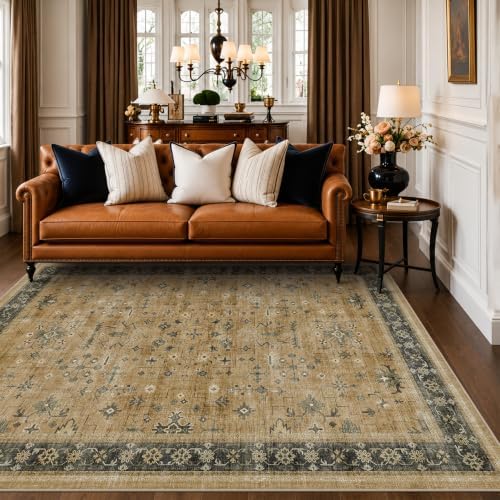 Hazo Haus Rustic Brown and Charcoal Olive Area Rug 5x7 for Living Room - Machine Washable Rugs for Dining Room, Kitchen Floor, Small Office, Low Pile Non-Slip Rubber Backing & Stain Resistant by HazoHaus