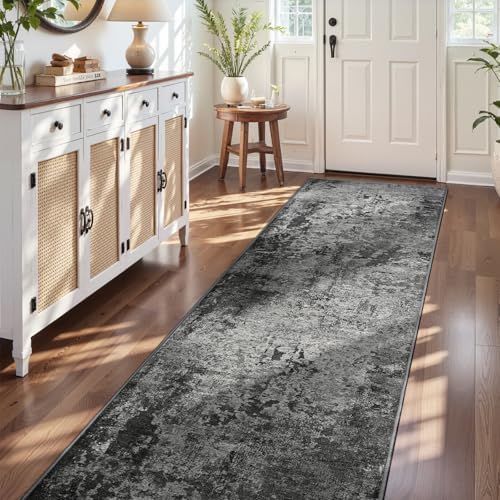 2.6x12 Black Rug Runners for Hallways Kitchen Runner Rug Non Slip Washable Black Long Runner Rugs with Rubber Backing Soft Abstract Carpet Runner for Bedroom, Kitchen, Bathroom, Entryway - Image 3