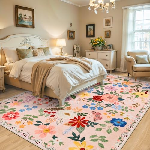 PLHXFR Area Rug 9x12 Living Room: Floral Washable Boho Soft Carpet Beige - Image 3