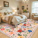 PLHXFR Area Rug 9x12 Living Room: Floral Washable Boho Soft Carpet Beige - Image 3
