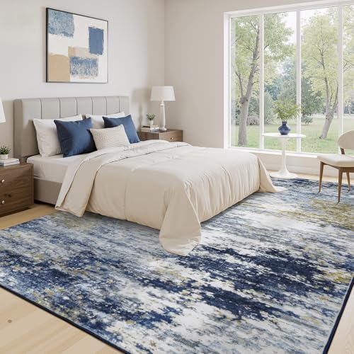 9x12 Area Rug for Living Room, Abstract Washable Large Rugs, Dark Blue - Image 2