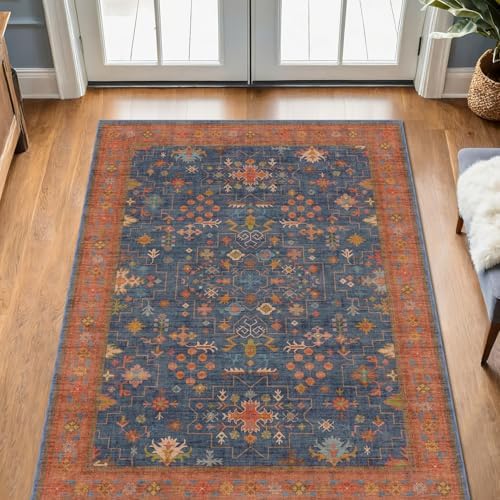 Large 3x5 Kitchen Rug Non Slip Machine Washable, Throw Rugs for Entryway Indoor, Floor Mat, Home Office Under Chair - Stain Resistant Non Skid Rubber Backing, Tribal Farmhouse Décor (3x5 Navy Blue) by HazoHaus