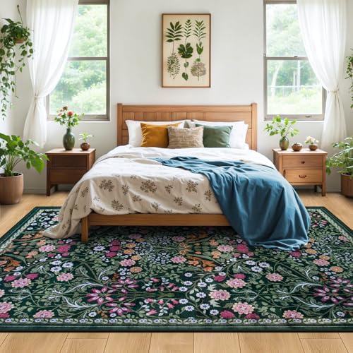PLHXFR 6x9 Area Rug Living Room: Floral Washable Boho Carpet Dark Green - Image 3