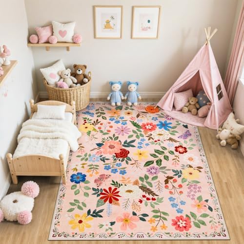 PLHXFR 6x9 Area Rug Living Room: Floral Washable Boho Soft Carpet Beige - Image 5