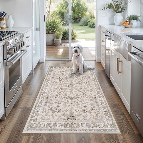 3x5 Kitchen Rug Washable Non-Slip, Beige Modern Boho Indoor Small Area Rugs for Entryway Bedroom Living Room, Soft Low-Pile Thin Door Mat