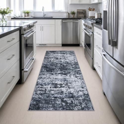 3x8 Washable Runner Rug：Modern Abstract Kitchen Carpet Black - Image 5