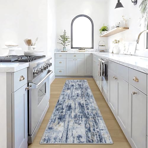 2'6''x8' Runner Rugs Washable Rug: Modern Abstract Hallway Blue Gold Carpet by GENTDRIZZ