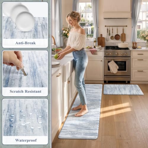 KIMODE Kitchen Mats for Floor,Abstract Kitchen Rugs Sets of 2 Blue Carpets - Image 6