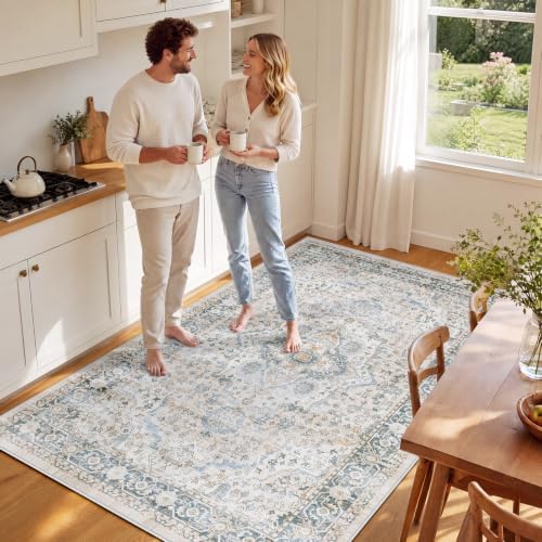 SameBed 5x7 Area Rug Living Room, Vintage Washable Carpet Grey Blue - Image 7
