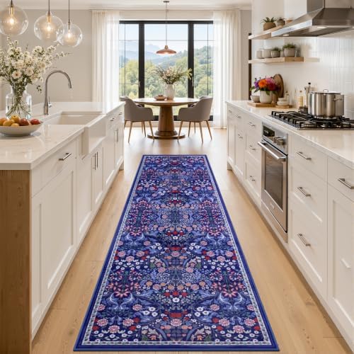 PLHXFR 3x10 Washable Runner Rug：Floral Indoor Kitchen Soft Carpet Blue by PLHXFRSoftAreaRugs