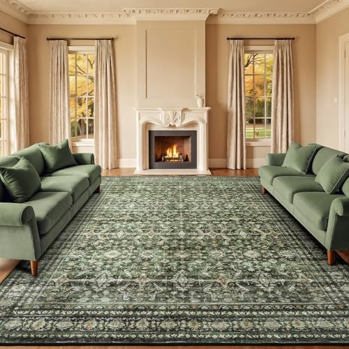 10x12 Area Rugs for Living Room, Green Washable Non-Slip Large Carpet by Lofus