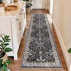 2x8ft Kitchen Rug Runners Washable Non Slip – Boho Floral Carpet Runner for Hallway, Bathroom, Bedroom, Entryway – Soft Low-Pile Thin Long Kitchen Floor Rug (Black, 2x8) by BYYVOORugsforYourHome