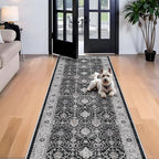 Washable 4x12 Hallway Runner Rug: Vintage Soft Carpet for Living Room Bedroom Stain Resistant Area Rug with Non-Slip Backing for Entryway Kitchen Thin Floor Mat for Bathroom Dining Room(Black,4x12) - Image 2