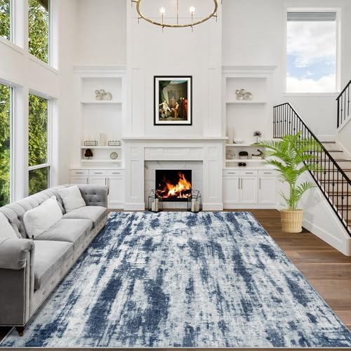 10x14 Area Rugs for Living Room: Washable Abstract Blue Grey Bedroom Carpet by GENTDRIZZ