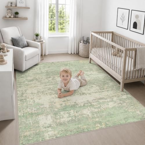 Area Rug Living Room: 8x8 Modern Washable Soft Carpet Green Cream - Image 5