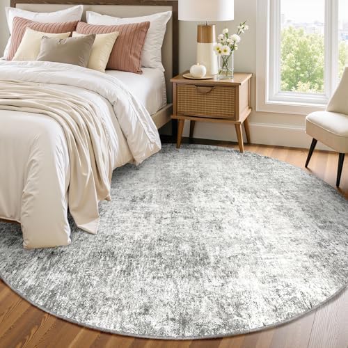 RELEANY Washable Round 8ft Area Rug for Living Room Gray White by RELEANY