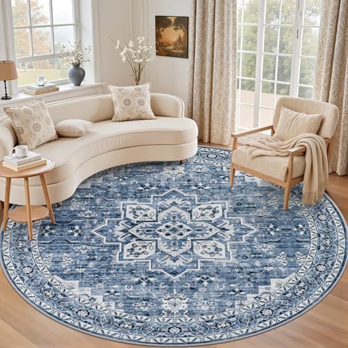 Round Area Rug for Living Room: 4ft Washable Rug for Bedroom Blue by EXPEDIX