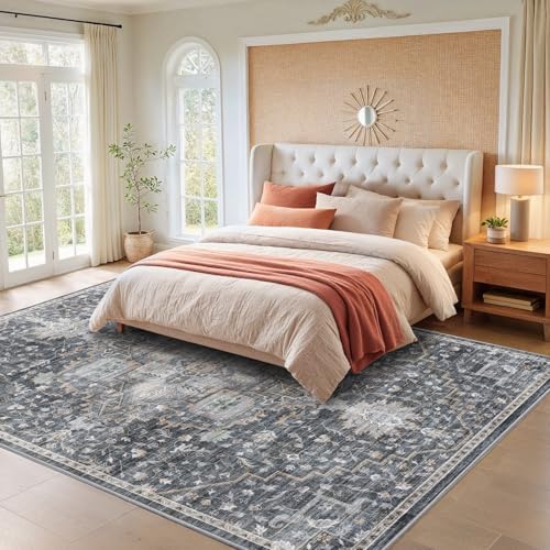 Amada Large 9x12 Washable Area Rug for Living Room, Gray/Gold, Vintage - Image 3
