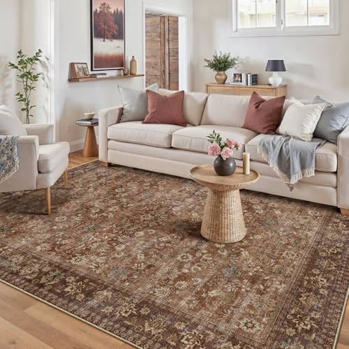 HUGEAR 5x7 Brick Red Vintage Floral Washable Area Rug for Living Room by HUGEAR