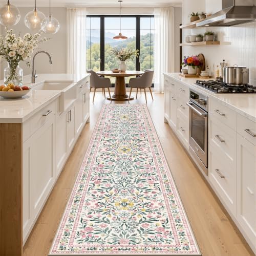 PLHXFR 2.6x14 Washable Runner Rug：Floral Indoor Kitchen Carpet Pink Green by PLHXFRSoftAreaRugs