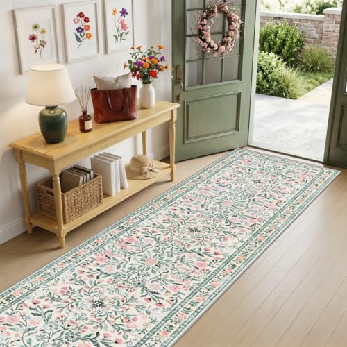 PLHXFR 2x5 Washable Runner Rug：Floral Indoor Kitchen Carpet Green Beige - Image 2
