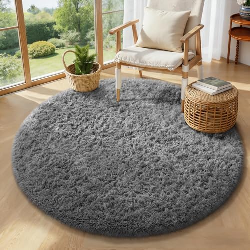 Ophanie Round Rug 4Ft Grey Circle Area Rugs, Fluffy Fuzzy Small Bedroom Carpet 4 Foot, Plush Shag Floor Gray Living Room Christmas Circular Decor for Kids Teen Boys Baby with Over 99 pcs Pile fibers by Ophanie