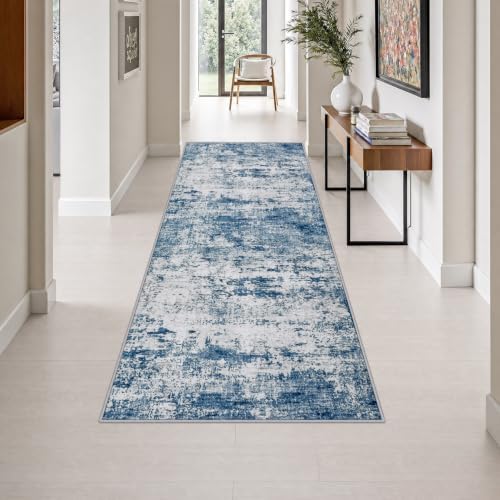 3x8 Washable Runner Rug：Modern Abstract Kitchen Soft Carpet Blue by FXRHLP