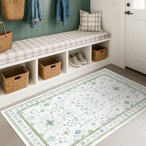 Cream Green and Blue 2x4 Boho Bathroom Rug - Oushak Floral Pastel, Washable Low Pile Non Slip with Rubber Backing Stain Resistant Entryway Rugs Indoor, Small Carpet for Kitchen, Bedroom, Laundry Room - Image 6