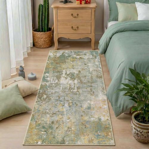 2x5 Green Rug Runners for Hallways Kitchen Non Slip Washable Entryway Runner Rugs with Rubber Backing 5ft Long Carpet Runner for Laundry Bedroom, Low Pile Stain & Fade Resistant, Abstract Sage Green - Image 3