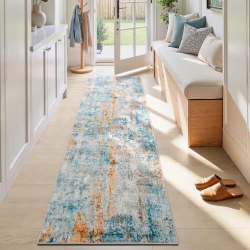 2x7 Blue Rug Runners for Hallways Kitchen Runner Rug Non Slip Washable Black Long Runner Rugs with Rubber Backing Soft Abstract Carpet Runner for Bedroom, Kitchen, Bathroom, Entryway by OmpaaHomeDecor