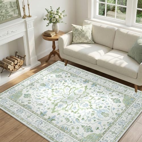 RELEANY Washable Area Rug, 4'x5', Green/White/Blue by RELEANY