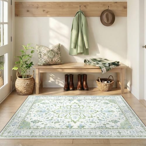 RELEANY Washable Area Rug, 3'x4', Green/White/Blue by RELEANY