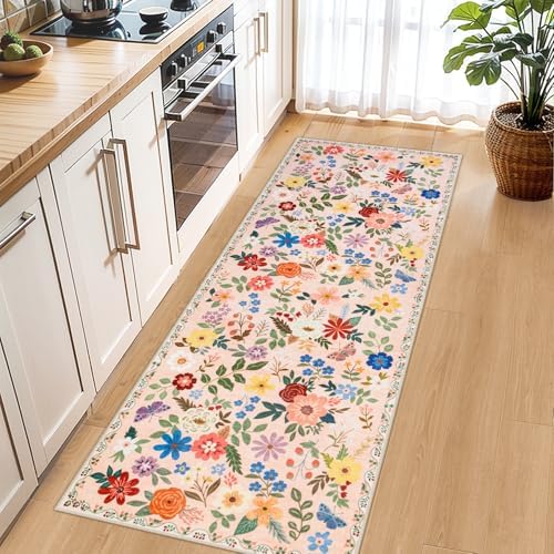 PLHXFR 2.6x8 Washable Runner Rug：Floral Indoor Kitchen Soft Carpet Beige - Image 6