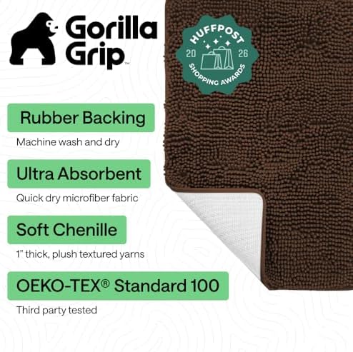 GORILLA GRIP Bath Rug Mat for Bathroom, Absorbent Chenille, 24x17 Brown - Image 2