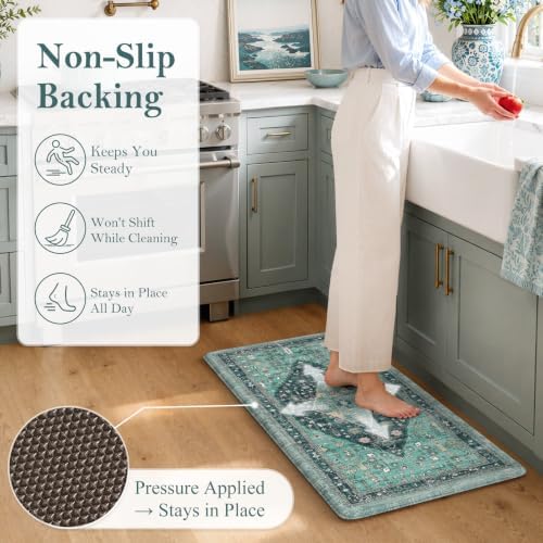 Collive Anti Fatigue Kitchen Mats Boho Teal Cushioned Kitchen Rugs, 20"x39" - Image 3