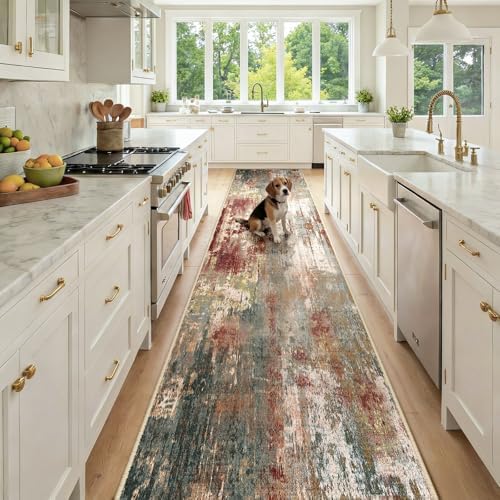RELEANY Washable Runner 2'6"x14' Abstract Area Rug for Hallway Rustic Brown by RELEANY
