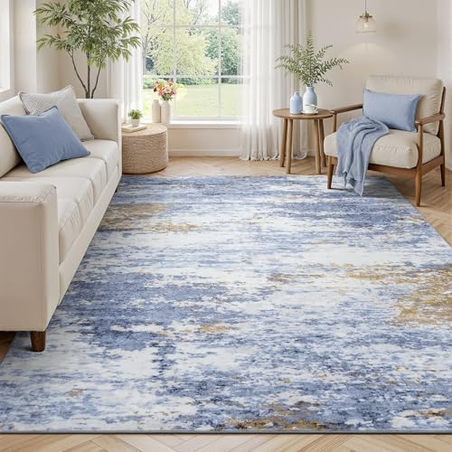 5x7 Area Rug for Living Room, Abstract Washable Non-Slip Rugs, Light Blue by Lofus