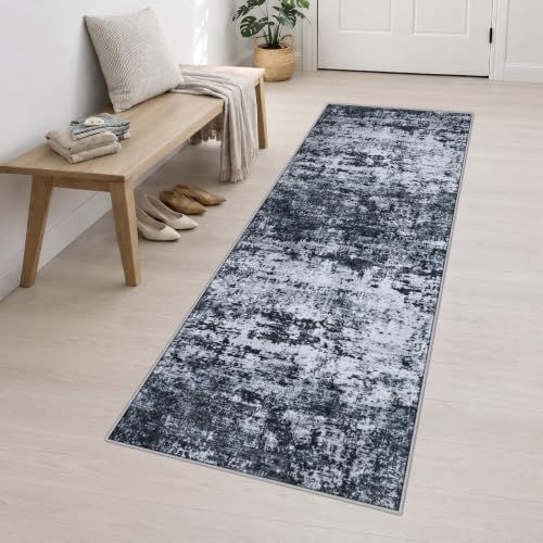 2.6x10 Washable Runner Rug:Modern Abstract Indoor Carpet Black - Image 3